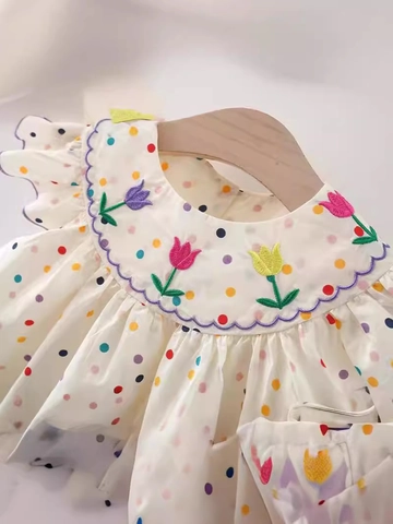 Toddler Little Girl Summer Dress Colorful Polka Dots Tulip Flower Embroidery Ruffle Flutter Sleeves Cotton Blend Clothing