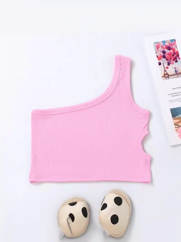 Girls One-Shoulder Tank Top Ribbed Knit Cotton Waist Cutout Solid Color Summer Sleeveless Trendy Camisole Vest