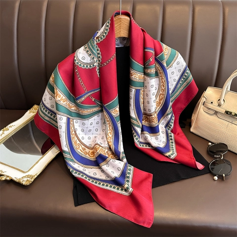Grand Foulard Carré Mode Motif Chaîne Élégant Vintage Effet Satin Foulard Tête Cou Pour Femmes Accessoire De Dame