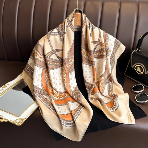 Grand Foulard Carré Mode Motif Chaîne Élégant Vintage Effet Satin Foulard Tête Cou Pour Femmes Accessoire De Dame
