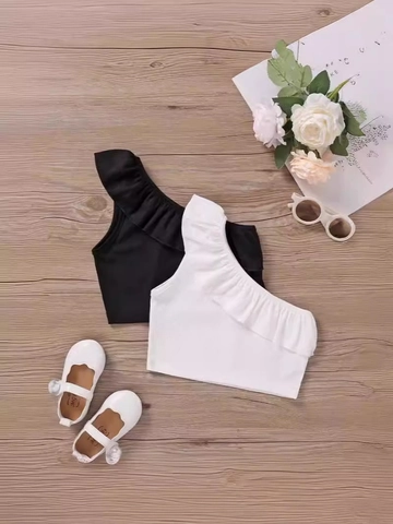 Girls Casual One Shoulder Ruffle Ribbed Tank Top Summer Sleeveless Asymmetric Solid Color Crop Top For Kids Daily Wear
