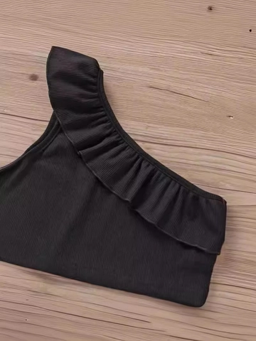 Girls Casual One Shoulder Ruffle Ribbed Tank Top Summer Sleeveless Asymmetric Solid Color Crop Top For Kids Daily Wear