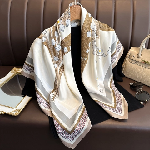 French Lily Of The Valley Floral Square Scarf Elegant Twill Satin Feeling Shawl Sun Protection Versatile For Women