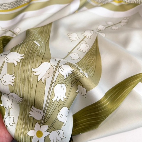 French Lily Of The Valley Floral Square Scarf Elegant Twill Satin Feeling Shawl Sun Protection Versatile For Women