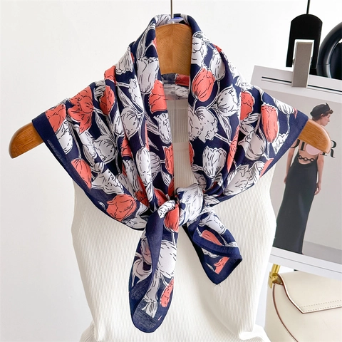 Tulip Floral Print Square Scarf Herringbone Polyester Satin Feeling Headscarf Fashion Neck Scarf For Women
