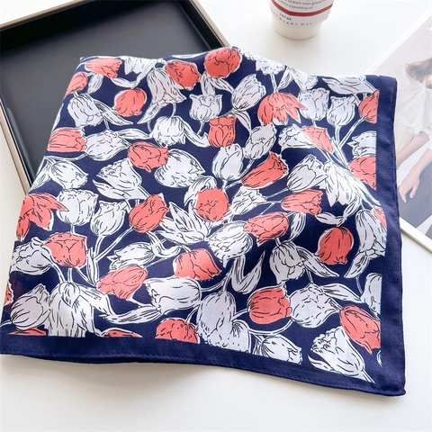 Tulip Floral Print Square Scarf Herringbone Polyester Satin Feeling Headscarf Fashion Neck Scarf For Women