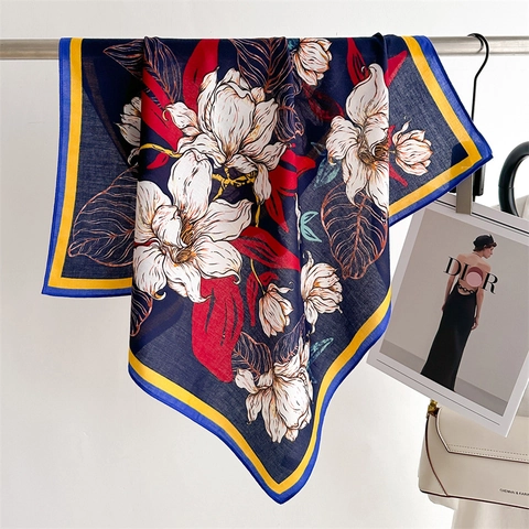 Lily Floral Print Square Scarf Elegant Lightweight Soft Polyester Satin Like Fashion Neck Scarf Head Wrap For Women