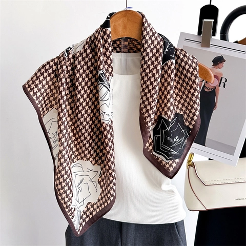 Écharpe Carrée Imprimé Floral Pied-de-Poule Soyeux Polyester Bandana Léger Foulard Mode Coréenne Élégant