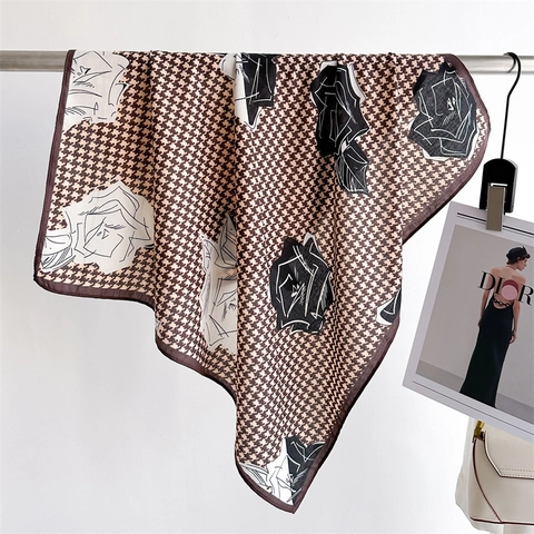 Écharpe Carrée Imprimé Floral Pied-de-Poule Soyeux Polyester Bandana Léger Foulard Mode Coréenne Élégant