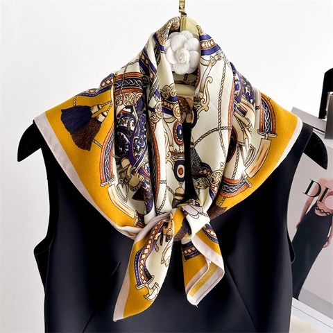 Square Scarf Satin Like Polyester Equestrian Horse Carriage Print Retro Vintage Chain Tassel Pattern For Women