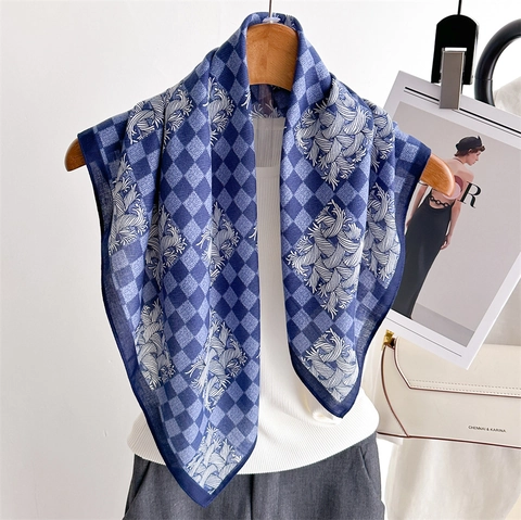 Women Elegant Square Scarf Satin Like Polyester Bandana With Checkerboard Pattern And Scroll Print Lightweight Retro Fashion Shawl