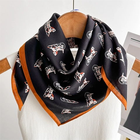 Elegant Women Square Scarf Polyester Satin Feel Herringbone Texture Carriage Print Contrast Border Vintage Necktie Headband