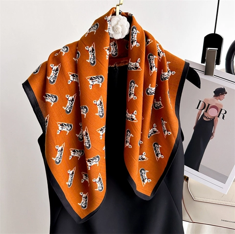 Elegant Women Square Scarf Polyester Satin Feel Herringbone Texture Carriage Print Contrast Border Vintage Necktie Headband