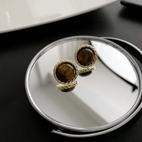 Vintage Ronde Oorknopjes Met Tijgeroog Steen Goudkleurig Messing En 925 Sterling Silver Earring Post Voor Dames