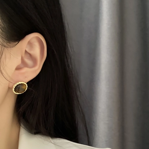 Vintage Ronde Oorknopjes Met Tijgeroog Steen Goudkleurig Messing En 925 Sterling Silver Earring Post Voor Dames