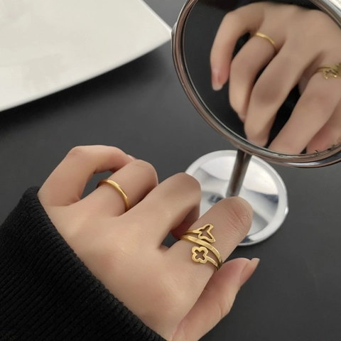 Edelstahlringe Minimalistisches Band Hohles Vierblättriges Kleeblatt Schmetterling Offen Verstellbar Modeschmuck Damen