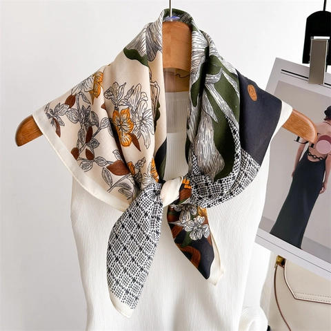 Foulard Carré Imprimé Floral Polyester Motif Chevrons Élégant Français Botanique Cheveux Bandana Châle Tour De Cou Femmes