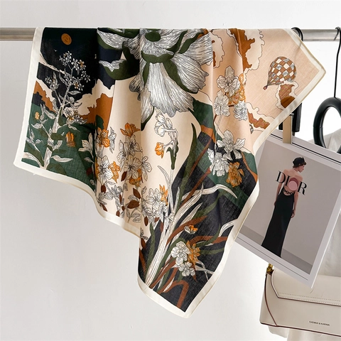 Foulard Carré Imprimé Floral Polyester Motif Chevrons Élégant Français Botanique Cheveux Bandana Châle Tour De Cou Femmes