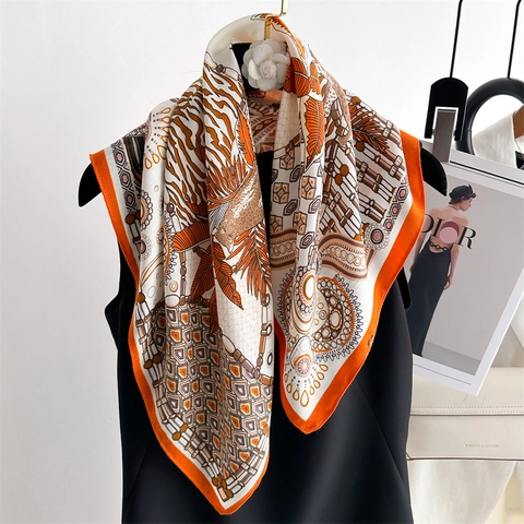 Écharpe Carrée Imprimé Léopard Polyester Jungle Palmier Exotique Foulard Cou Tête Pour Femmes Mode Léger Sensation Satin
