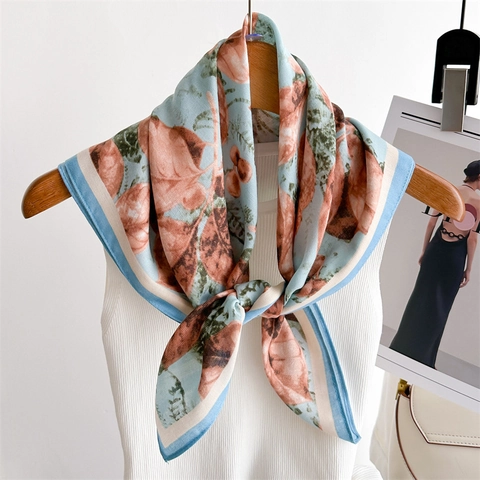 Women Square Scarf French Pastoral Leaf Print Lightweight Satin Satin Like Neck Scarf Thin Shawl Wrap