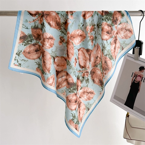Women Square Scarf French Pastoral Leaf Print Lightweight Satin Satin Like Neck Scarf Thin Shawl Wrap