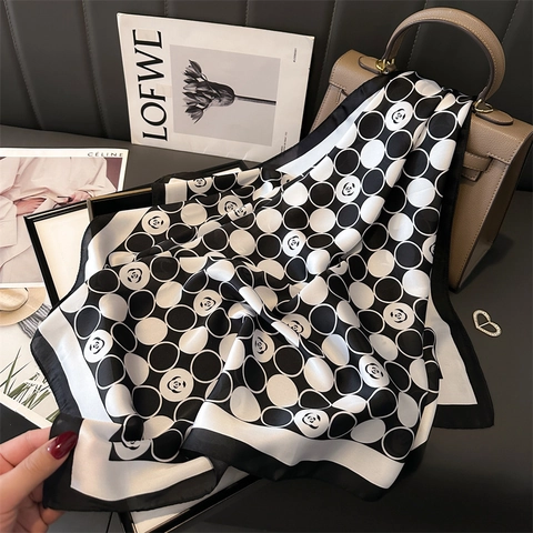 Women Square Scarf Faux Satin Camellia Floral Polka Dot Print Elegant Neck Tie Hair Band Fashion Accessory