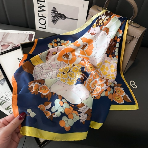 Floral Print Square Scarf Satiny Polyester Neckerchief Vintage French Style Headscarf Sun Protection Decorative Women