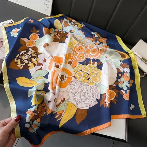 Floral Print Square Scarf Satiny Polyester Neckerchief Vintage French Style Headscarf Sun Protection Decorative Women
