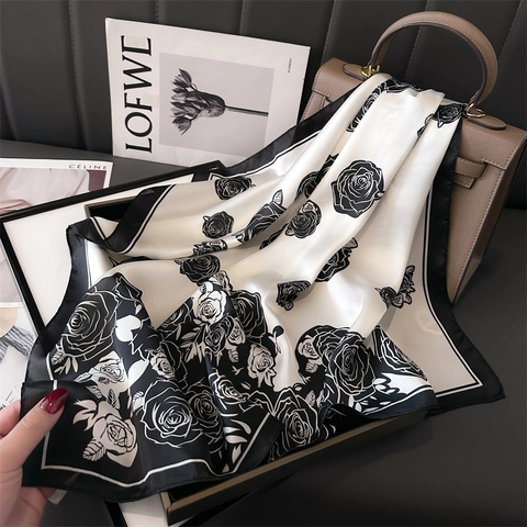 Pañuelo Cuadrado de Satén Elegante para Mujer Blanco y Negro Tablero de Ajedrez Camelia Rosa Estampado Floral Oficina OL