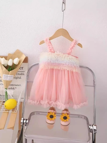 Girls Rainbow Tulle Dress Suspender Layered Mesh Princess Birthday Party Gown Sleeveless Summer Clothing For Toddler Kids