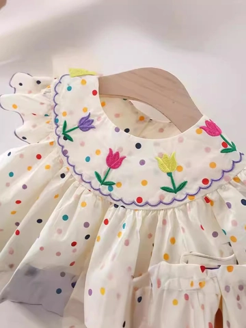 Vestito Estivo Cotone Neonato Ragazza Pois Colorati Ricamo Tulipano Maniche Volant Colletto Peter Pan Principessa