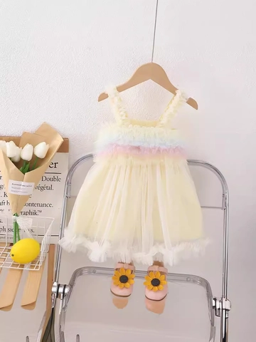 Girls Rainbow Tulle Dress Suspender Layered Mesh Princess Birthday Party Gown Sleeveless Summer Clothing For Toddler Kids