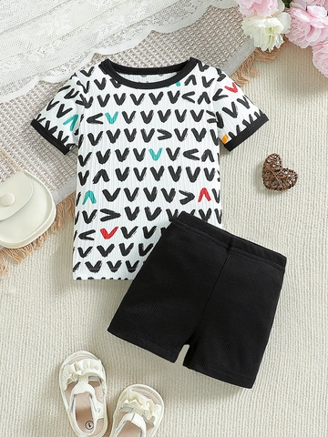 Toddler Kids Summer Clothes Set Short Sleeve Geometric V Pattern T-Shirt And Ribbed Shorts 2 Piece Casual Soft Outfit For Boys