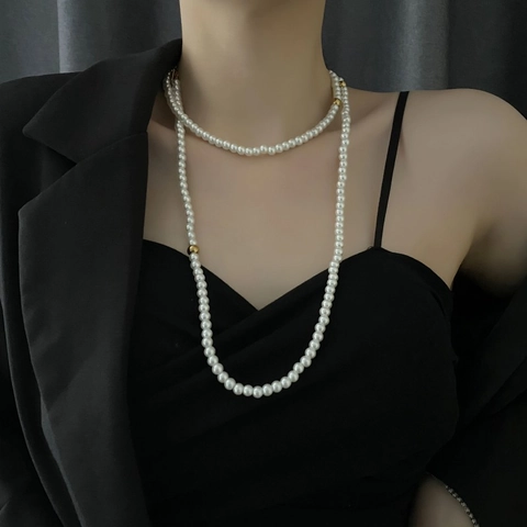 Long Faux Artificial Pearl Necklace For Women Titanium Steel Gold Bead Elegant Multilayer Sweater Chain Vintage Jewelry Accessory