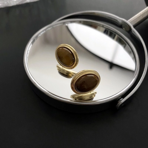 Tiger Eye Stone Stud Earrings Gold Plated Copper With 925 Sterling Silver Earring Post Retro French Style Elegant For Women