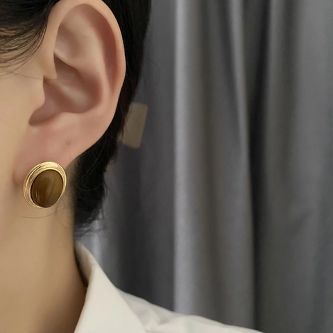 Tiger Eye Stone Stud Earrings Gold Plated Copper With 925 Sterling Silver Earring Post Retro French Style Elegant For Women