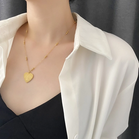 Herz Anhänger Halskette Gold Titan Edelstahl I Love You Gravur Minimalistisch Romantisch Perlenkette Für Frauen