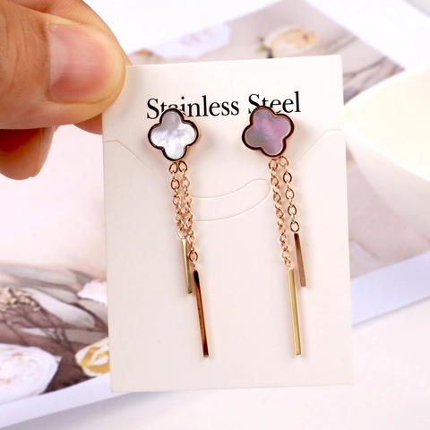 Pendientes Largos Borla Trébol Acero Inoxidable Nácar Incrustado Joyería Chapada En Oro Para Mujer