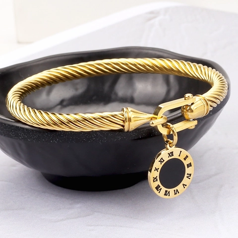 Stainless Steel Twisted Cable Bangle Bracelet With Roman Numerals Round Pendant Horseshoe Clasp Vintage Fashion Jewelry Women