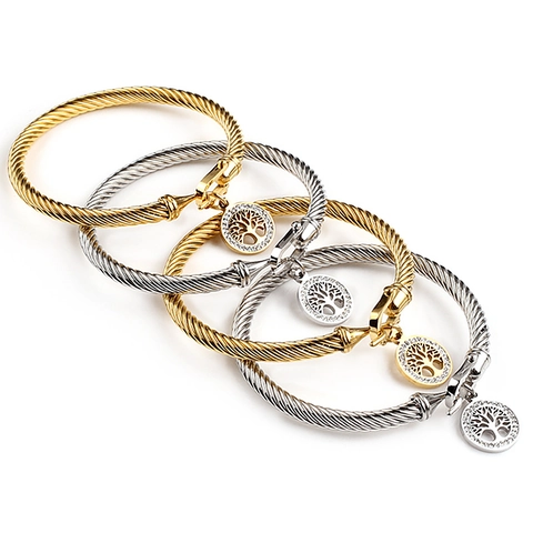 Bracciale Rigido In Cavo Intrecciato Albero Della Vita Acciaio Inossidabile Strass Fibbia Ferro Di Cavallo Gioielli Donna