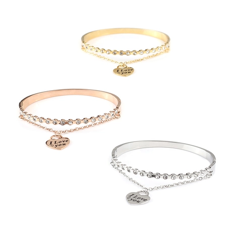 Bracelet Jonc en Acier Inoxydable avec Pendentif Coeur pour Femme Or Or Rose Argent Électroplaqué Strass Bracelet Double Couche Gravé I Love You Bijoux de Mode