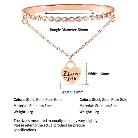 Double Layer Heart Pendant Bracelet Bangle Stainless Steel Women Rhinestone Inlaid Engraved I Love You Jewelry