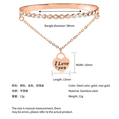 Double Layer Heart Pendant Bracelet Bangle Stainless Steel Women Rhinestone Inlaid Engraved I Love You Jewelry
