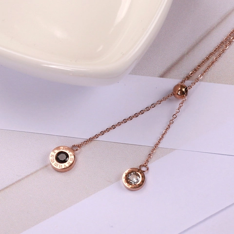 Collana Lariat In Acciaio Al Titanio Placcato Oro Rosa Con Numeri Romani Doppio Pendenti Circolari Gioielli In Zircone