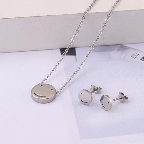 Minimalist Smiley Face Pendant Necklace And Round Stud Earrings Titanium Steel Polished Jewelry For Women