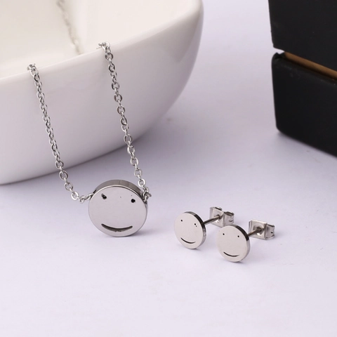 Minimalist Smiley Face Pendant Necklace And Round Stud Earrings Titanium Steel Polished Jewelry For Women