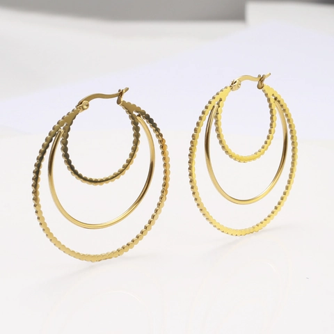 Dreilagige Verschachtelte Runde Creolen Wellenstruktur 18K Vergoldet Titan Edelstahl Schmuck Für Damen