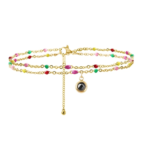 Double Layer Stainless Steel Anklet For Women Colorful Enamel Beads Bell Zirconia Pendant Beach Jewelry Gold Silver