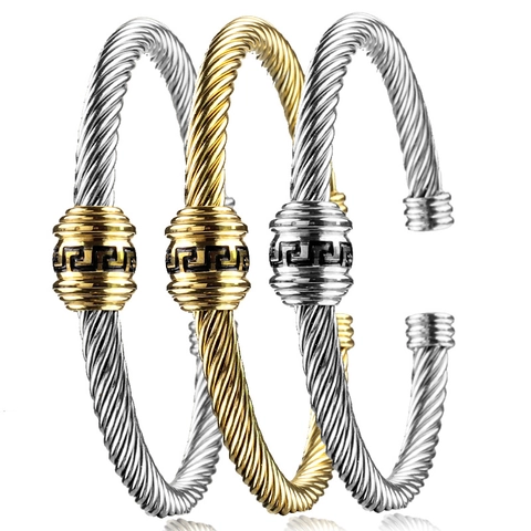Twisted Cable Wire Open Cuff Bracelet Stainless Steel Greek Key Pattern Trendy Minimalist Bangle Jewelry For Women