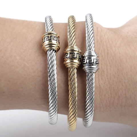 Twisted Cable Wire Open Cuff Bracelet Stainless Steel Greek Key Pattern Trendy Minimalist Bangle Jewelry For Women